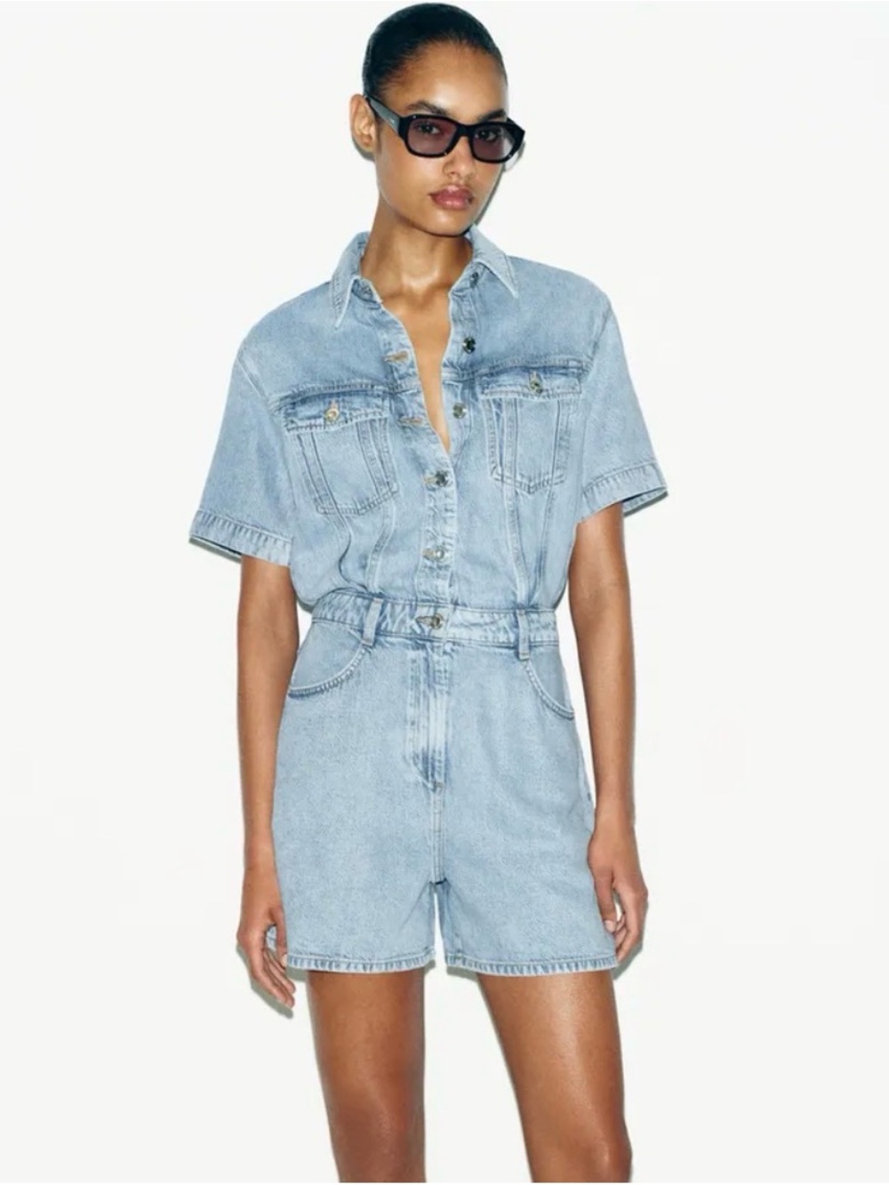 Zara Z1975 Short Flowy Denim Jumpsuit Romper Mid-Blue